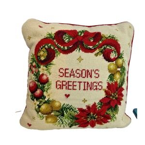 Vintage Imperial Elegance‎ Needlepoint Pillow Christmas Seasons Greetings Wool
